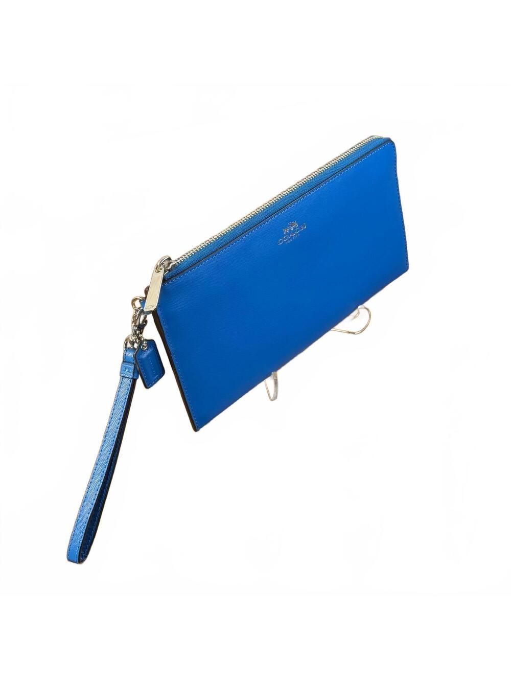 Coach Blue Saffiano Leather Large Zip Wristlet Wallet Silver Hardware